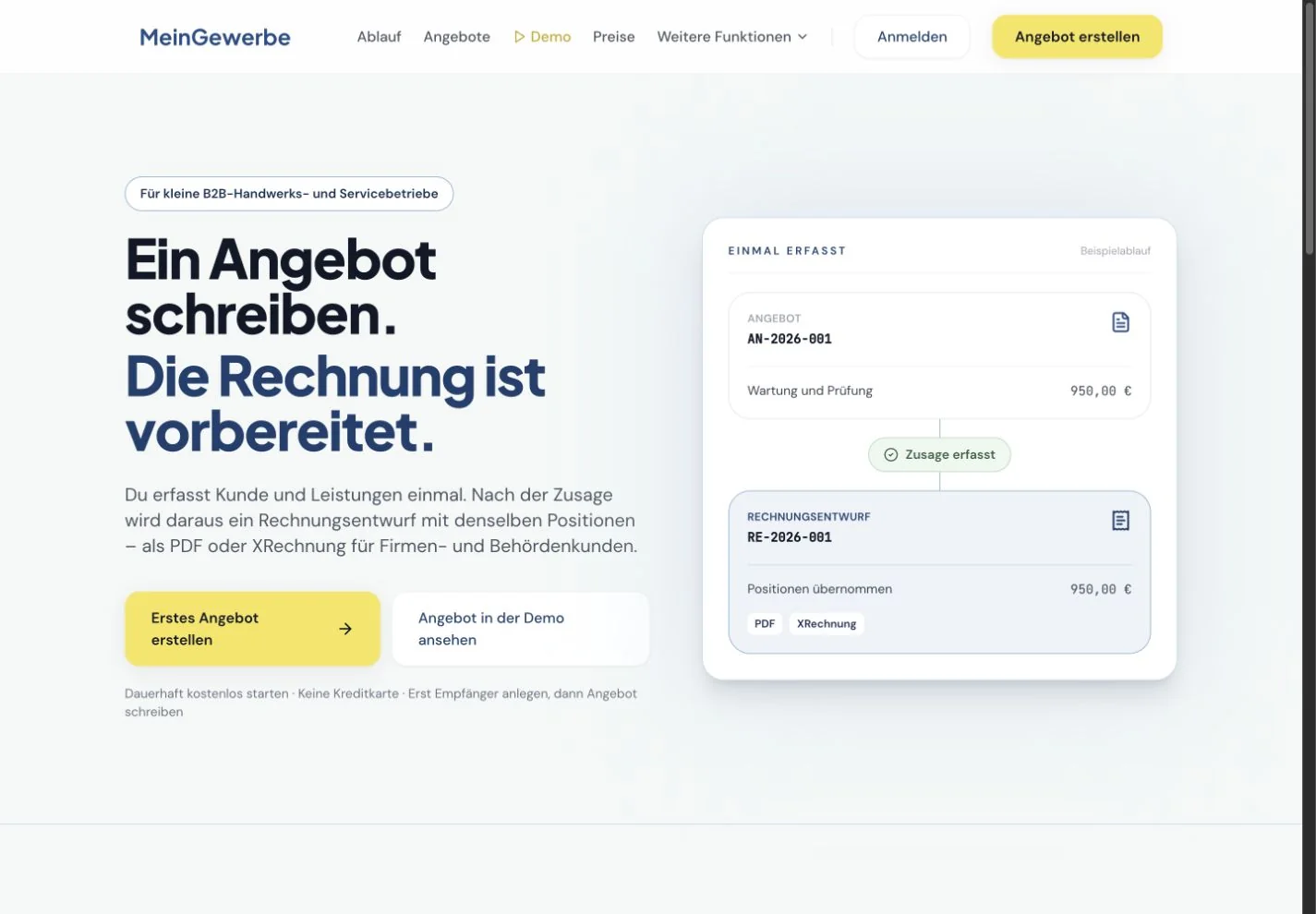 MeinGewerbe: vom Angebot zum Rechnungsentwurf